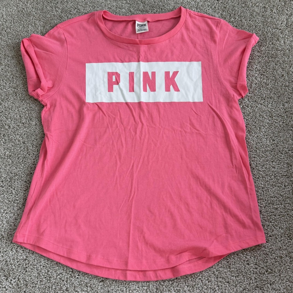 PINK Victoria's Secret Shirt Womens L Pink Logo Crew Neck Short Sleeve Tee Top